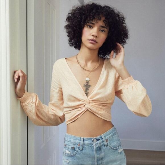 UO peach ditzy floral blouse, size small, wrap knot crop top, long sleeve v-neck - Picture 1 of 5